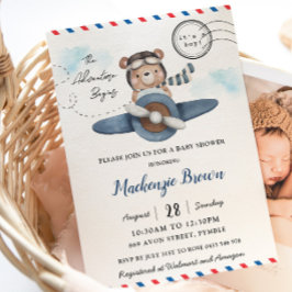 Cute Bear Flygplan Äventyr Begins Boy Shower Inbjudningar