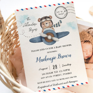 Cute Bear Flygplan Äventyr Begins Boy Shower Inbjudningar