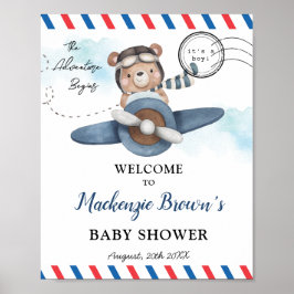 Cute Bear Flygplan Äventyr Begins Boy Shower Poster