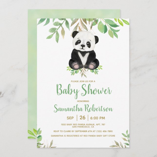 Cute Bear Gender Neutral Greenery Baby Shower Inbjudningar (Fram/baksida)