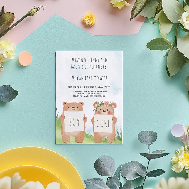 Cute Bear Gender Reveal Party Boy eller Girl Inbjudningar (Adorable bearly wait gender reveal. Two cute bears—one holding a “Boy" sign the other "Girl" sign)