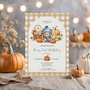 Cute Bear Gingham Pumpkin - Beary First Birthday Inbjudningar