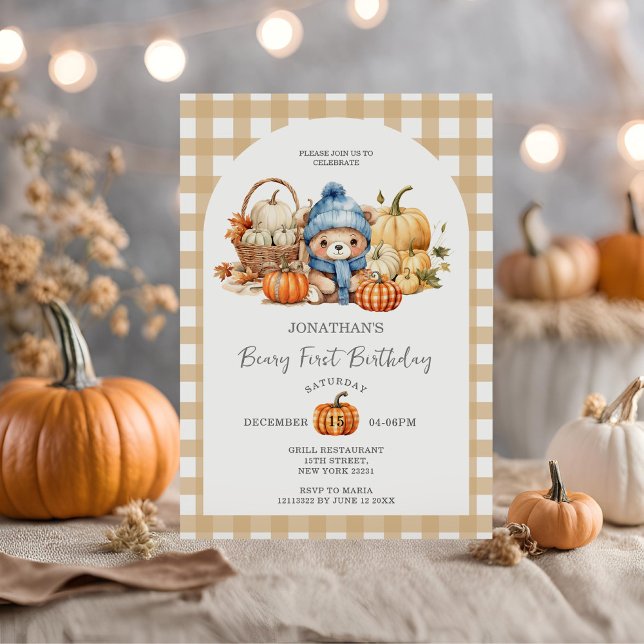 Cute Bear Gingham Pumpkin - Beary First Birthday Inbjudningar (Skapare uppladdad)