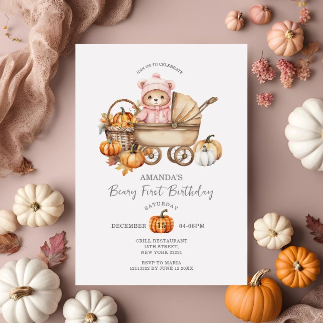Cute Bear Gingham Pumpkin Rosa First Birthday Inbjudningar (Skapare uppladdad)