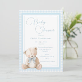 Cute Bear Gingham Vintage Baby Shower Inbjudningar