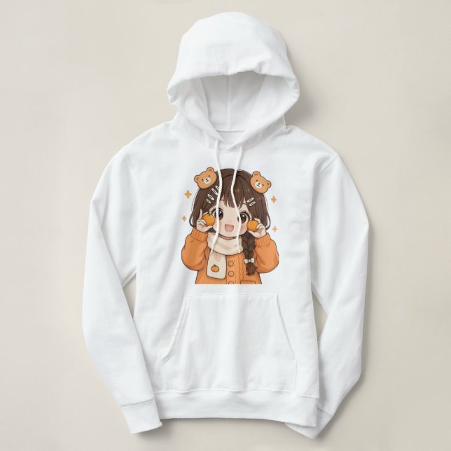 Cute Bear Girl Hoodie Cozy Anime Style Sweatshirt T Shirt (Design framsida)