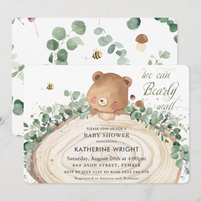 Cute Bear Greenery Gender Neutral Baby Shower Invi Inbjudningar (Fram/baksida)