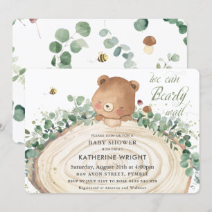 Cute Bear Greenery Gender Neutral Baby Shower Invi Inbjudningar