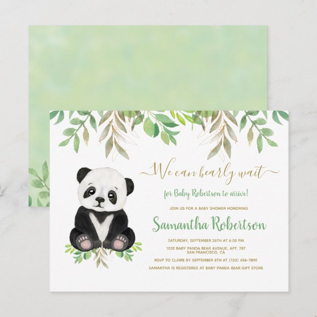 Cute Bear Greenery... Vi kan vänta på babyskor. Inbjudan Vykort (Fram/baksida)
