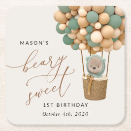 Cute Bear, Grönt Buboner, första födelsedagen Underlägg Papper Kvadrat