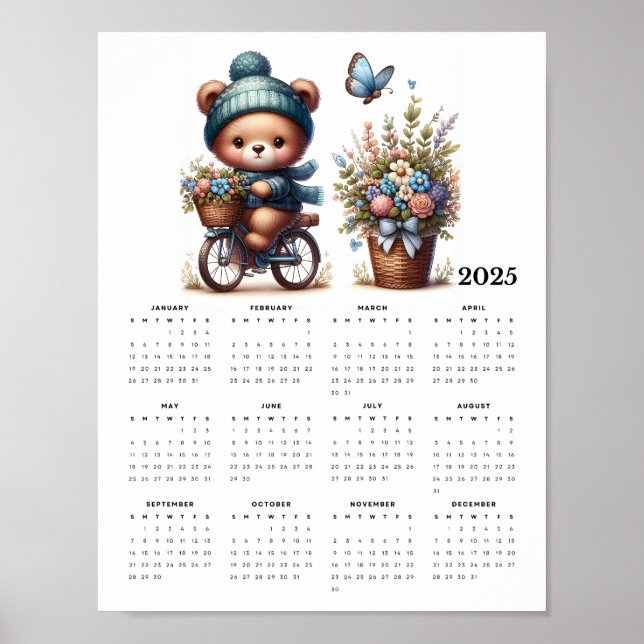 Cute Bear Hat Scarf Riding a Bicycle 2025 Calendar Poster (Framsidan)
