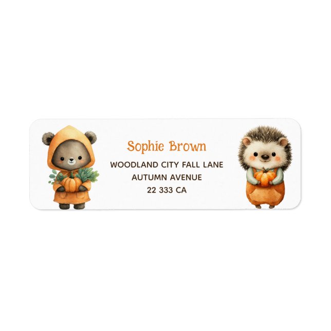 Cute Bear& Hedgehog Woodland Fall Return Address  Returadress Etikett (Framsidan)