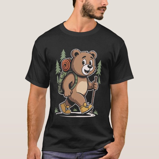 Cute Bear Hiking Adventure Backpack Forest Animal  T Shirt (Framsida)