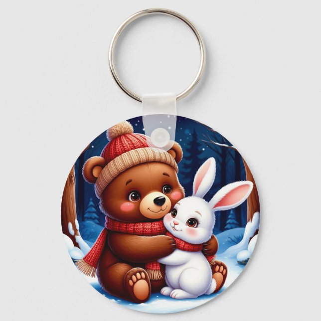 Cute Bear Holding Bunny Nyckelring (Framsida)