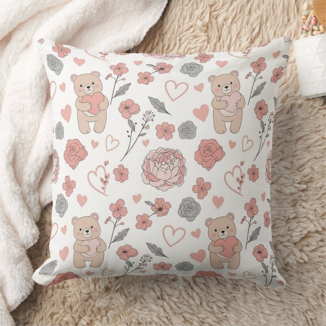 Cute Bear Holding Heart -- Pastel Nursery (13) Kudde (Filt)