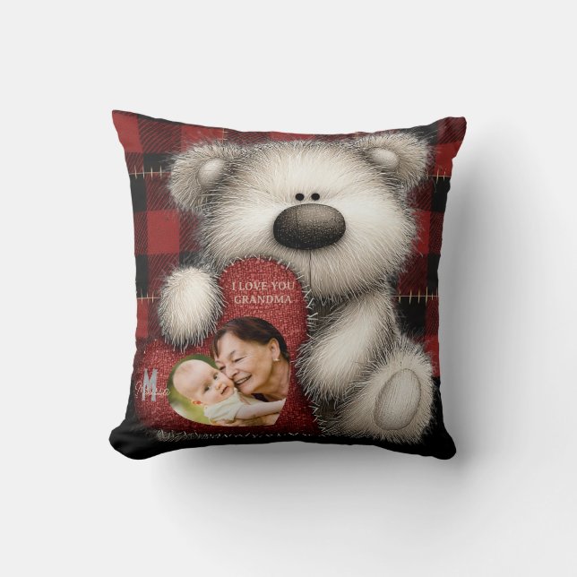 Cute Bear I Love You Grandma Custom Monogram Photo Kudde (Framsida)
