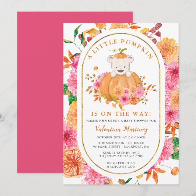 Cute Bear in a Pumpkin Girl Fall Baby Shower Inbjudningar (Fram/baksida)