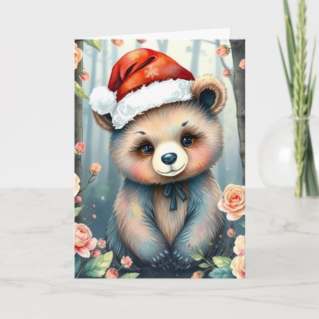 Cute Bear in Christmas hat Christmas card Kort (Framsida)