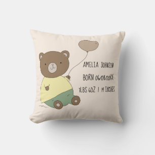 Cute Bear med Balloon Baby Birth Stats Keepsaké Kudde