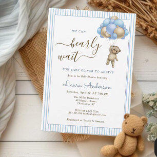 Cute Bear med Balloons Blue Boy Baby-dusch Inbjudningar