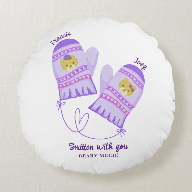 Cute Bear Mittens Personalized Lovers Round Pillow Rund Kudde (Framsidan)