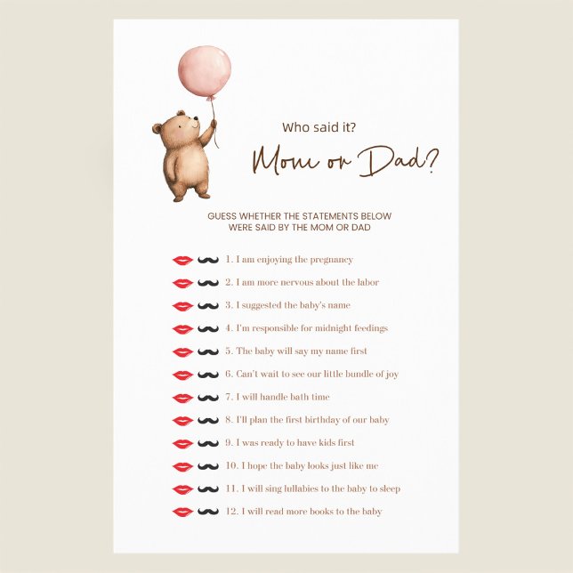 Cute Bear "Mom or Dad?" Baby Shower Game Flygblad (Skapare uppladdad)