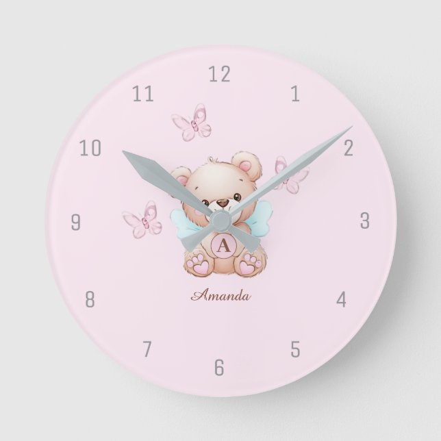 Cute Bear Monogram Namn Rosa Rund Klocka (Framsida)