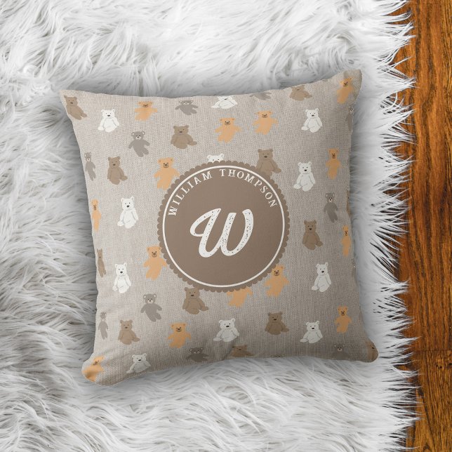 Cute Bear Mönster - första monogram Kudde (Cute Bear Pattern Initial Monogram Throw Pillow)