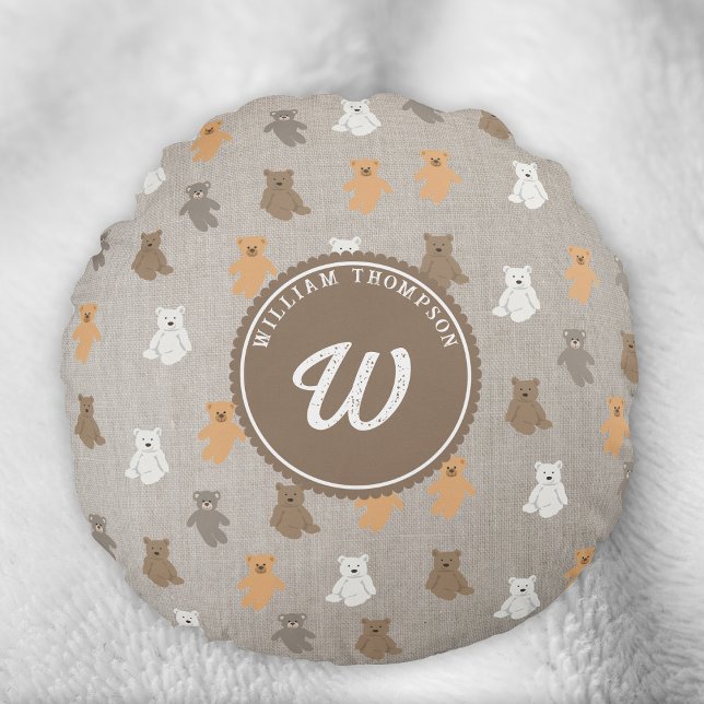 Cute Bear Mönster - första monogram Rund Kudde (Cute Bear Pattern Initial Monogram Round Pillow)