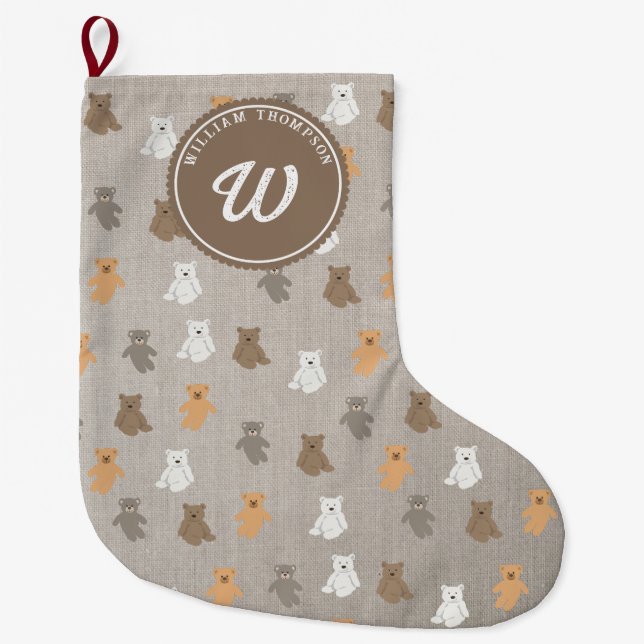Cute Bear Mönster - första monogram Stor Julstrumpa (Framsidan)