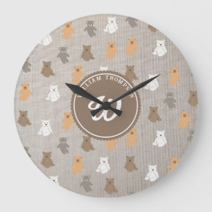 Cute Bear Mönster - första monogram Stor Klocka