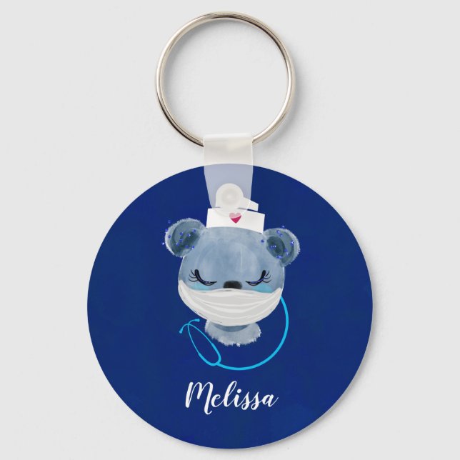 Cute Bear Nurse wearing a Protective Mask Nyckelring (Framsida)