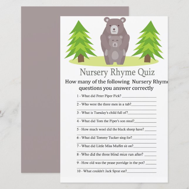 Cute Bear Nursery Rhyme Quiz babyduschspel (Fram/baksida)
