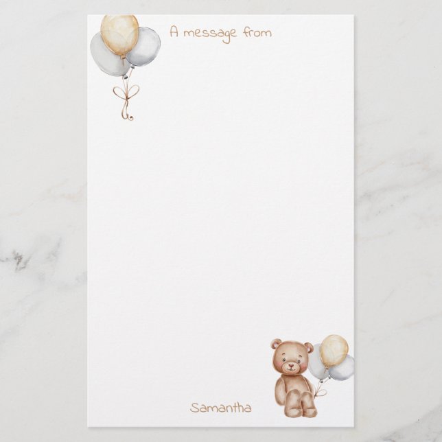 Cute Bear och Balloons Guld Silver Anpassningsbar Brevpapper (Framsida)