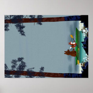 Cute Bear och Fox kayaking på en vild Poster