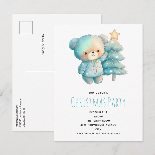 Cute Bear och Julgran Birthday Inbjudan Vykort (Fram/baksida)