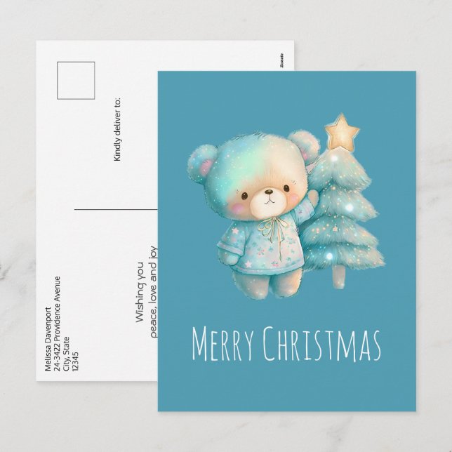 Cute Bear och Julgran Helg Vykort (Fram/baksida)