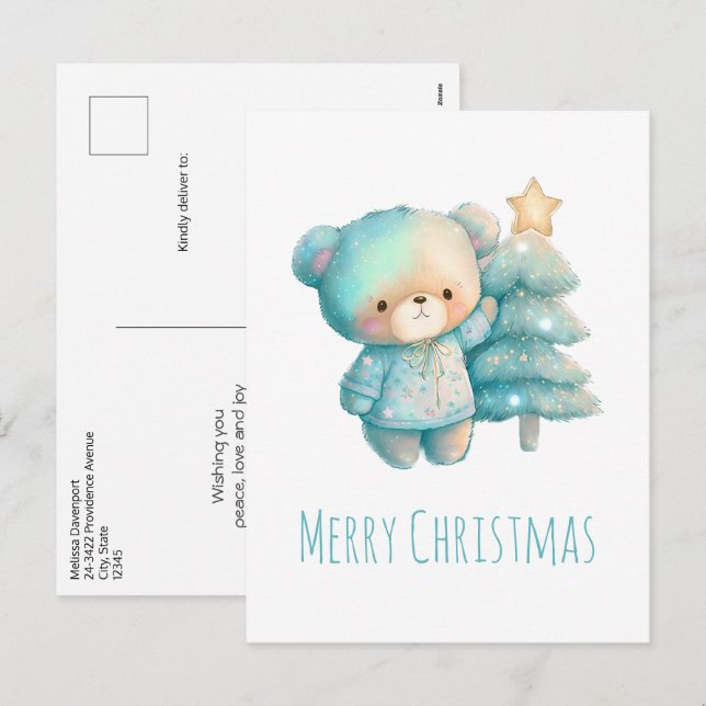 Cute Bear och Julgran Helg Vykort (Fram/baksida)