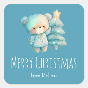 Cute Bear och Julgran Helgdag Fyrkantigt Klistermärke