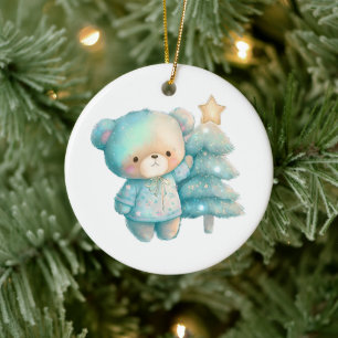 Cute Bear och Julgran Helgdag Julgransprydnad Keramik