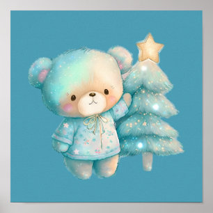 Cute Bear och Julgran Helgdag Poster