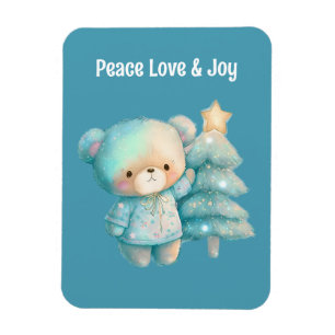 Cute Bear och Julgran Helgdag Teal Magnet