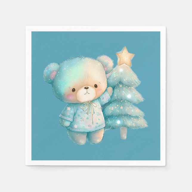 Cute Bear och Julgran Teal Helgdag Pappersservett (Framsidan)