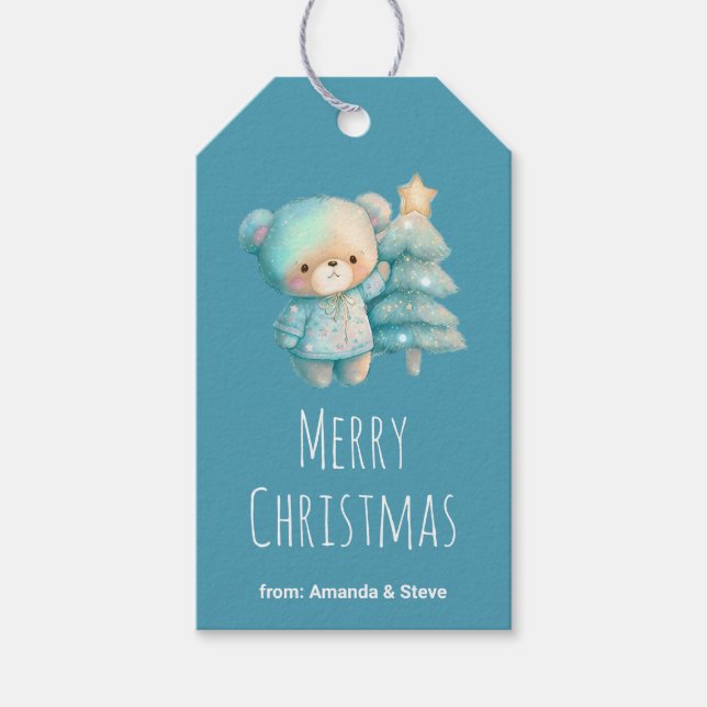 Cute Bear och Julgran Teal Helgdag Presentetikett (Framsidan)