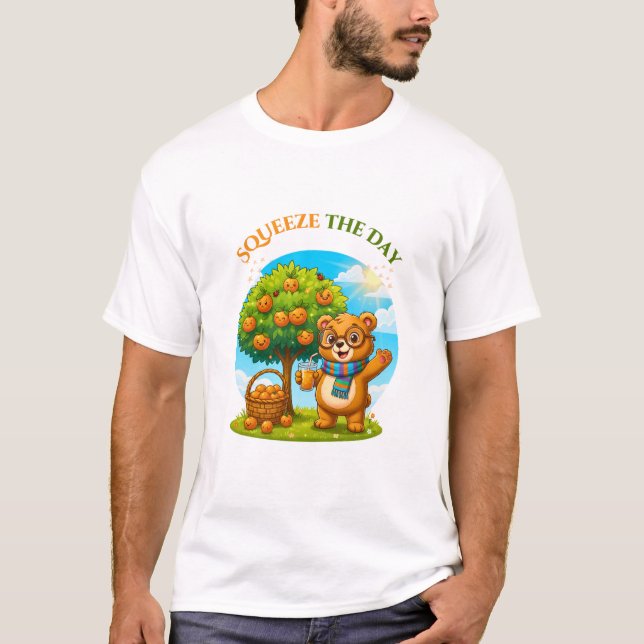 Cute Bear & Orange Tree - Squeeze The Day Illustra T Shirt (Framsida)