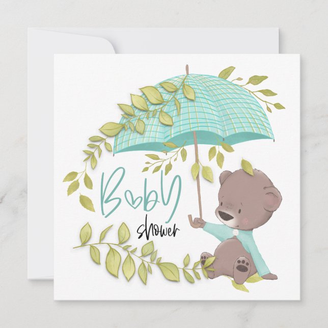 Cute Bear Parbrella Botanical Boy Shower Inbjudningar (Framsida)