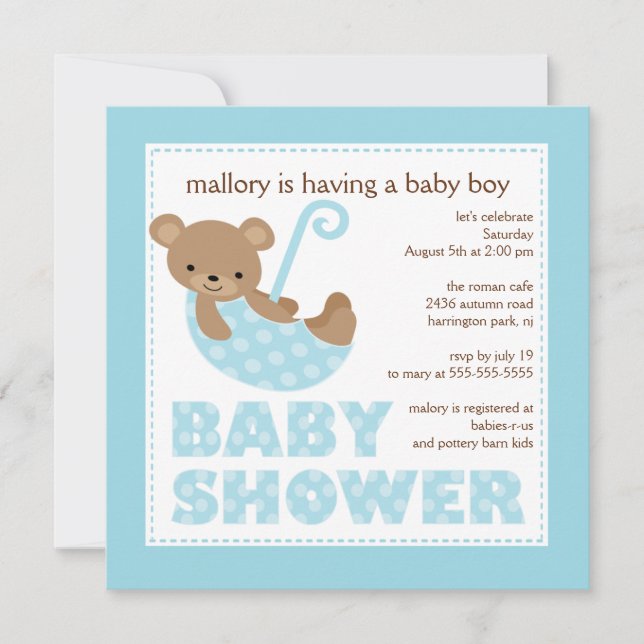 Cute Bear Parbrella Boy Baby Shower-inbjudan Inbjudningar (Framsida)