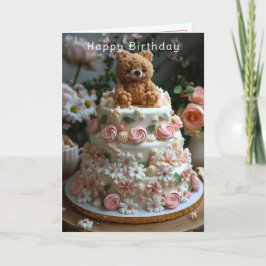 Cute Bear Pink Roses White Daisies Grattis på föde Kort