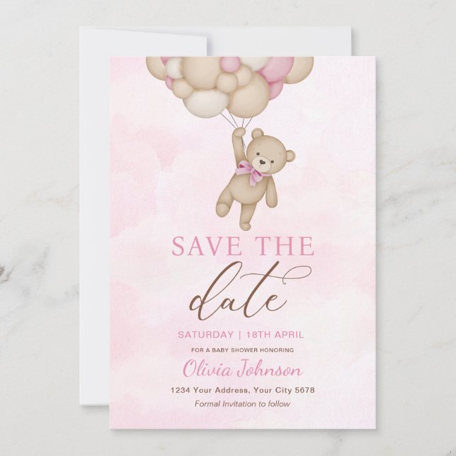 Cute Bear Pink Save the Date Inbjudningar (Framsida)