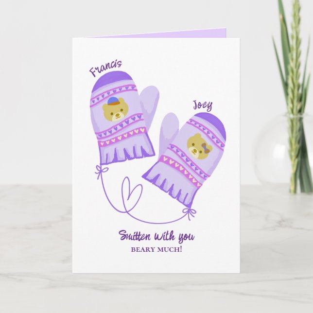 Cute Bear Purple Mittens Custom Valentine’s Day  Helgkort (Framsida)